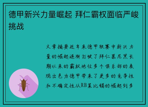 德甲新兴力量崛起 拜仁霸权面临严峻挑战