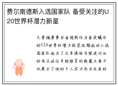 费尔南德斯入选国家队 备受关注的U20世界杯潜力新星