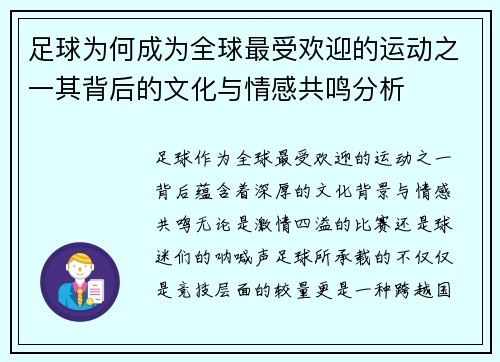 足球为何成为全球最受欢迎的运动之一其背后的文化与情感共鸣分析